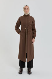 Drawstring Waist Accessory Detail Coat - Coffee