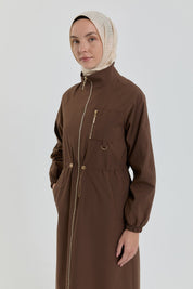 Drawstring Waist Accessory Detail Coat - Coffee