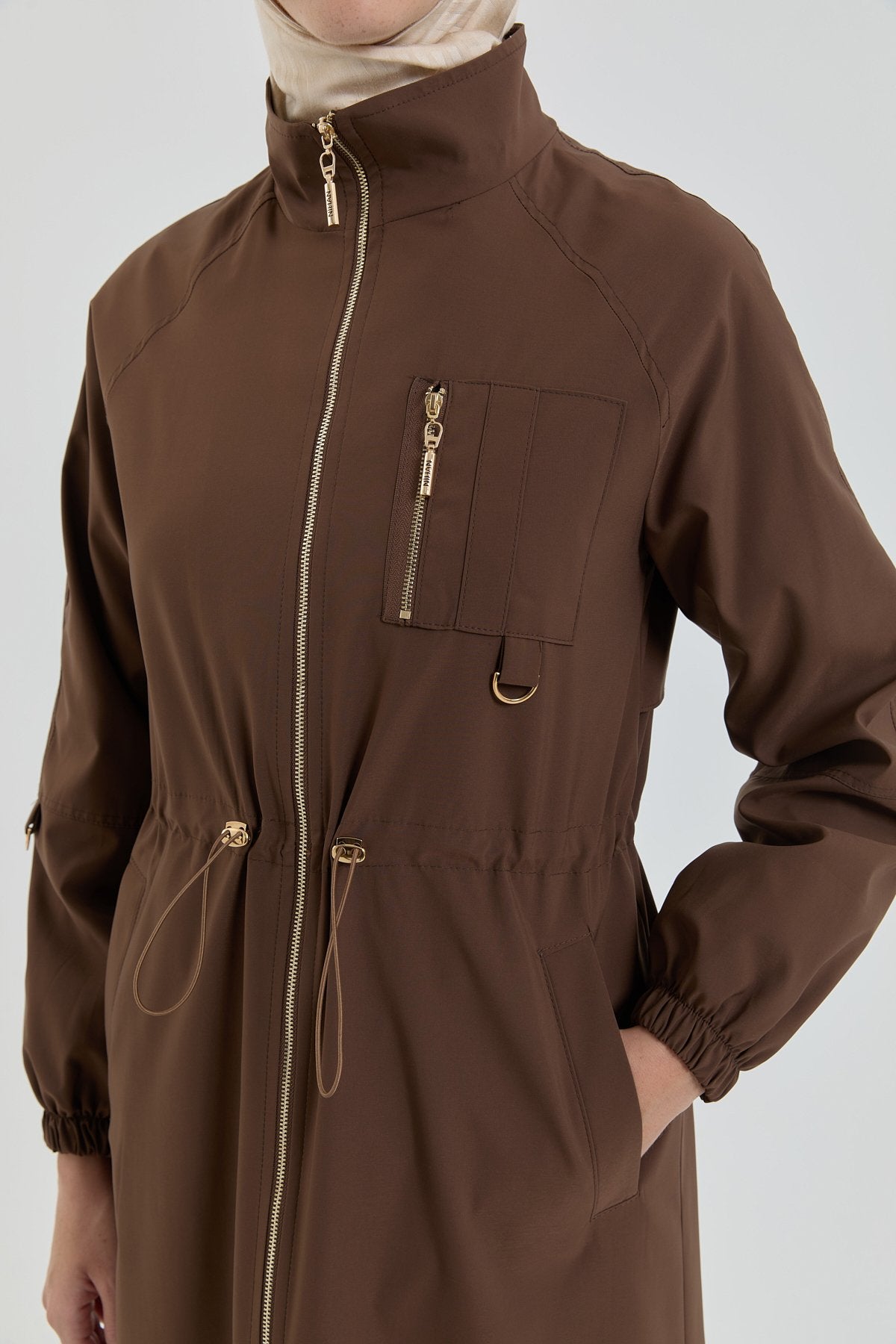 Drawstring Waist Accessory Detail Coat - Coffee