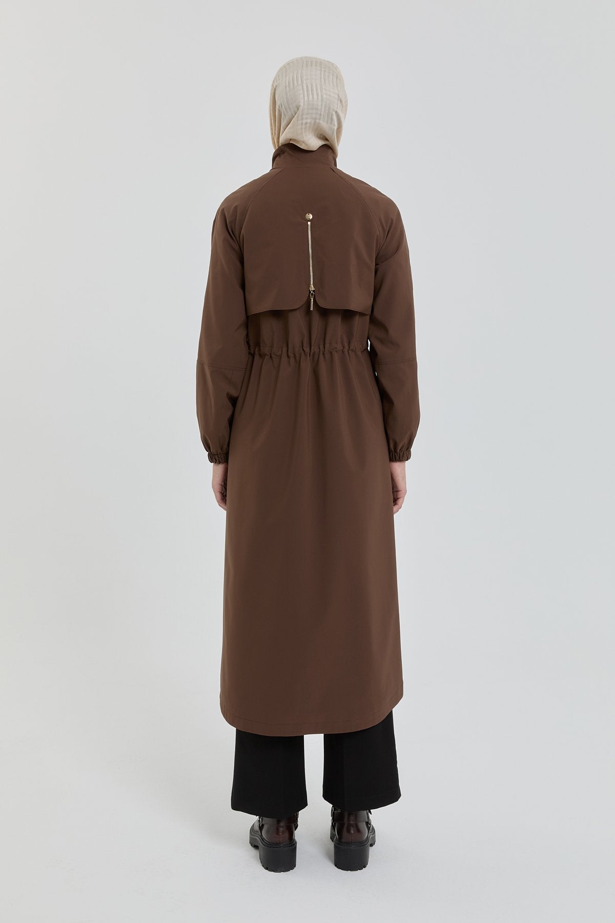 Drawstring Waist Accessory Detail Coat - Coffee