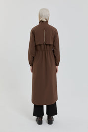 Drawstring Waist Accessory Detail Coat - Coffee