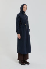 Coat with Gathered Waist and Accessory Detail - Navy Blue