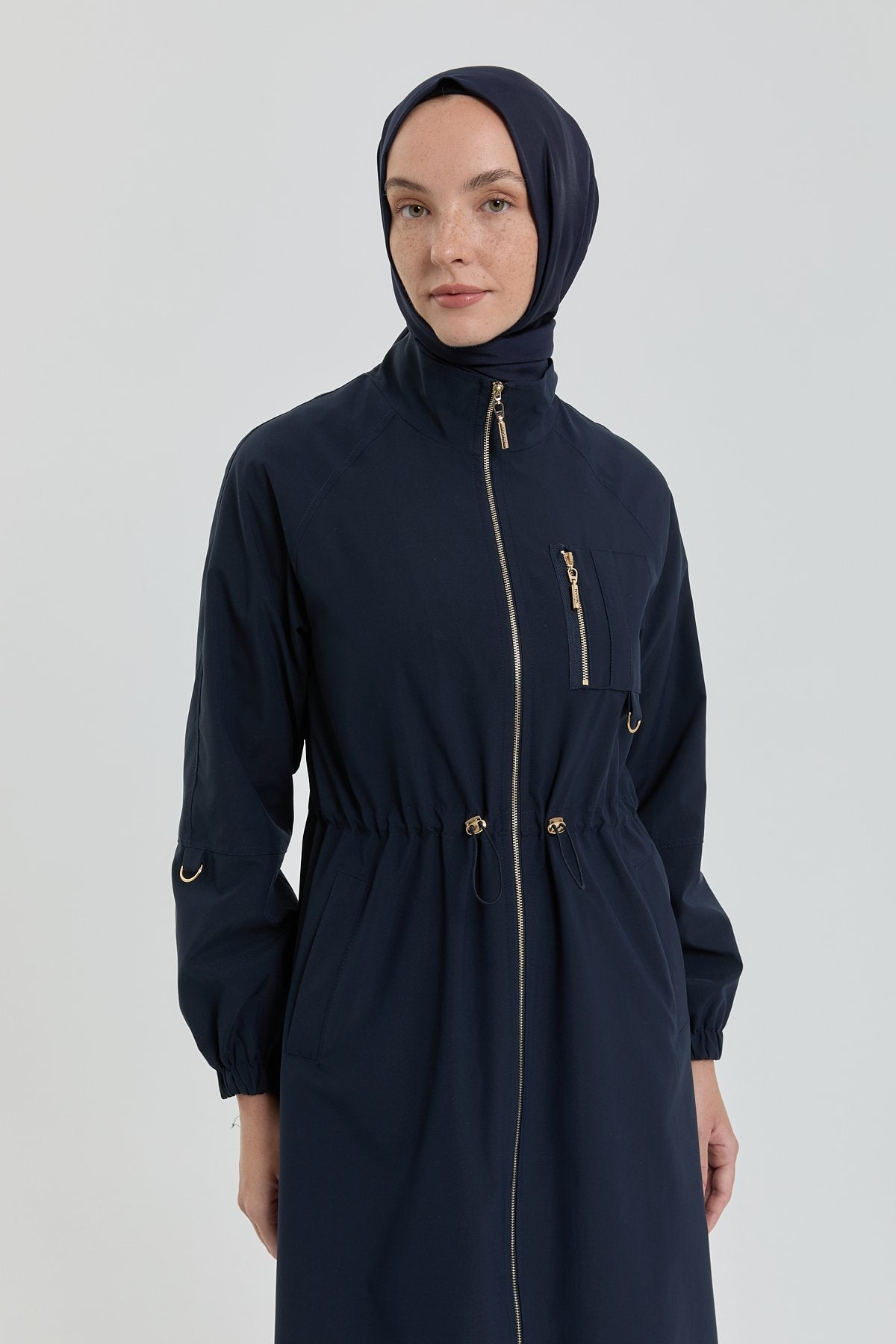 Coat with Gathered Waist and Accessory Detail - Navy Blue