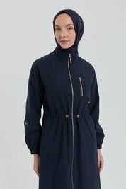 Coat with Gathered Waist and Accessory Detail - Navy Blue