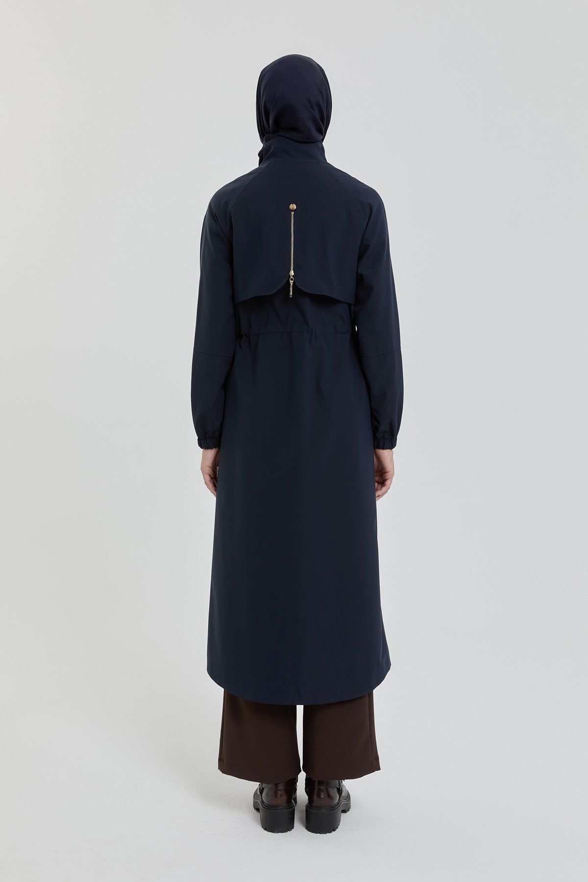 Coat with Gathered Waist and Accessory Detail - Navy Blue