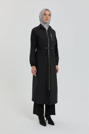 Dress with Gathered Waist and Accessory Detail - Black
