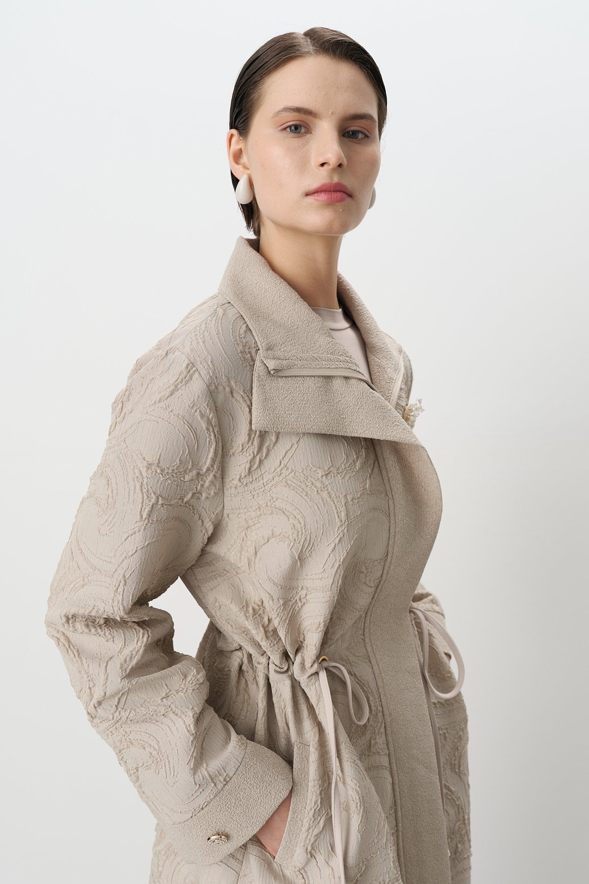 Waist Shirred Textured Jacquard Coat - Mink