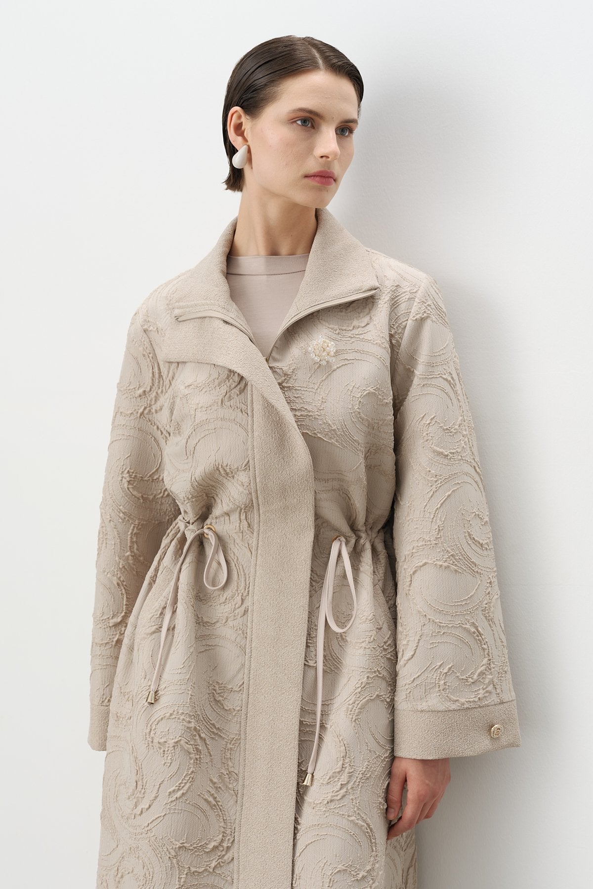 Waist Shirred Textured Jacquard Coat - Mink