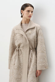 Waist Shirred Textured Jacquard Coat - Mink