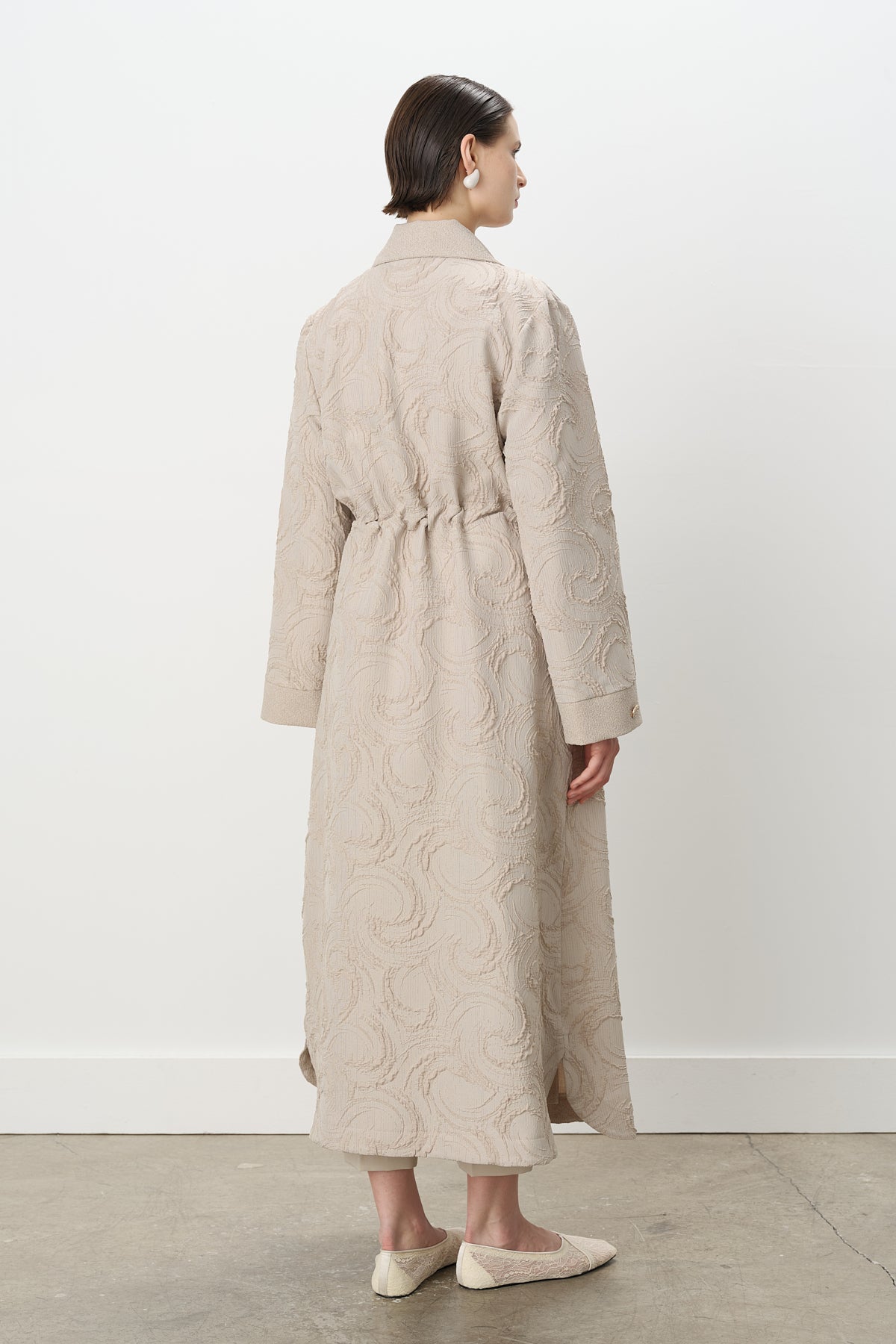 Waist Shirred Textured Jacquard Coat - Mink