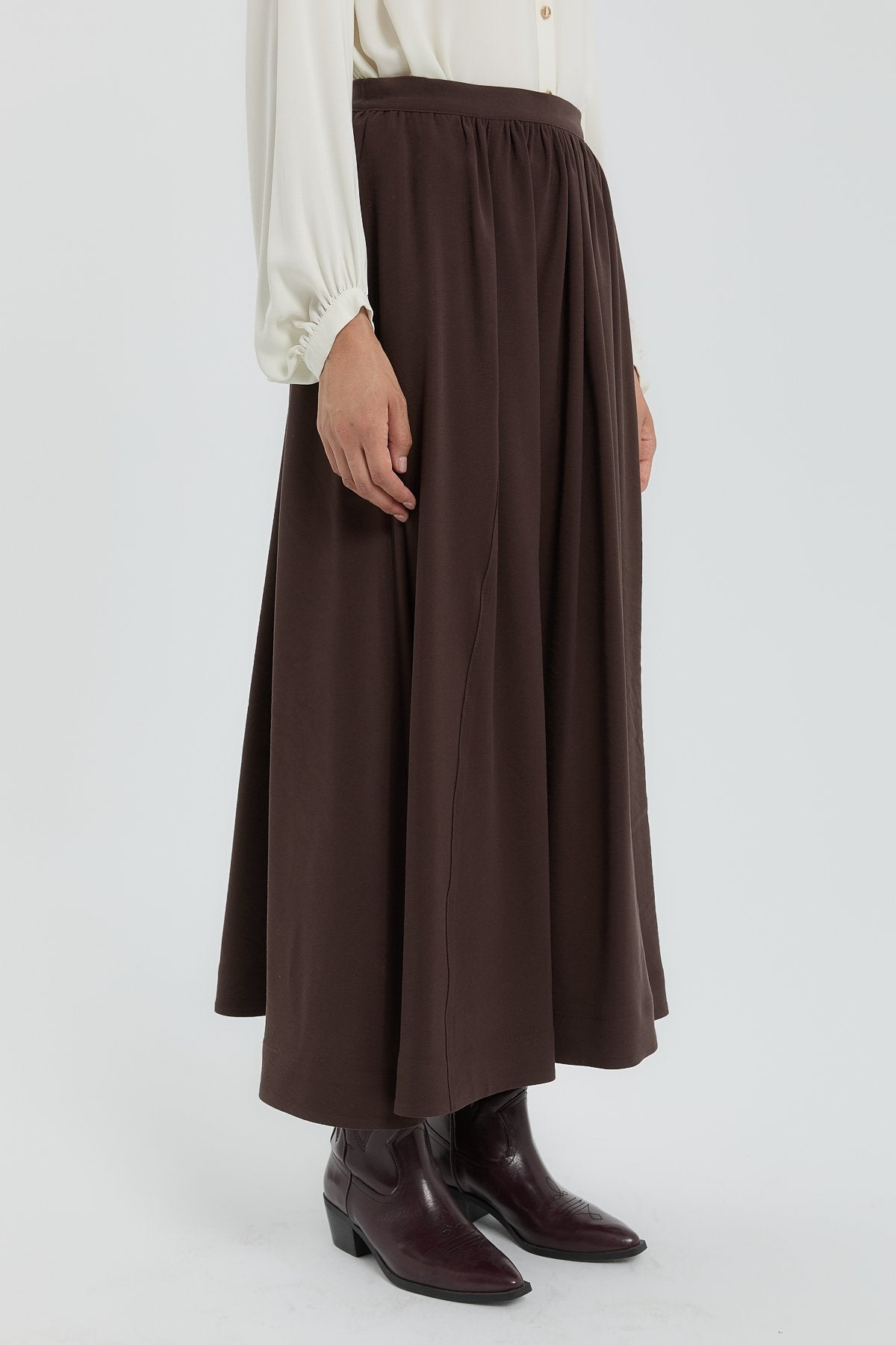 Beli Büzgülü Modal Kloş Etek - Kahve