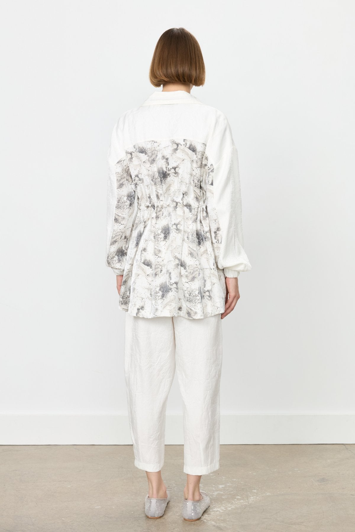 Cotton Suit with Gathered Waist Pants and Jacket - Ecru