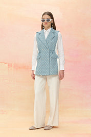 Glittery Denim Vest with Gathered Waist - Ice