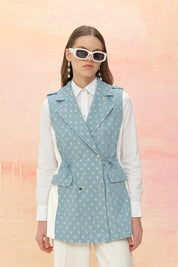 Glittery Denim Vest with Gathered Waist - Ice
