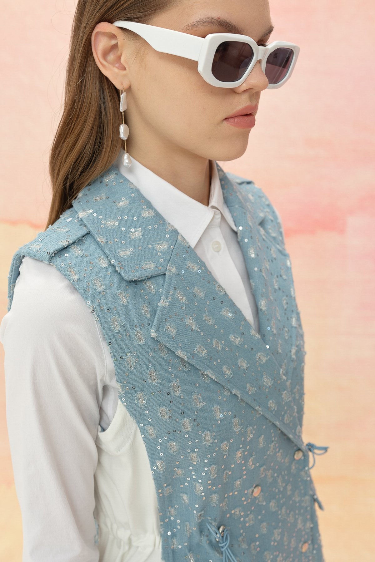 Glittery Denim Vest with Gathered Waist - Ice