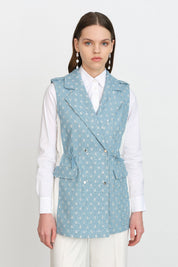 Glittery Denim Vest with Gathered Waist - Ice