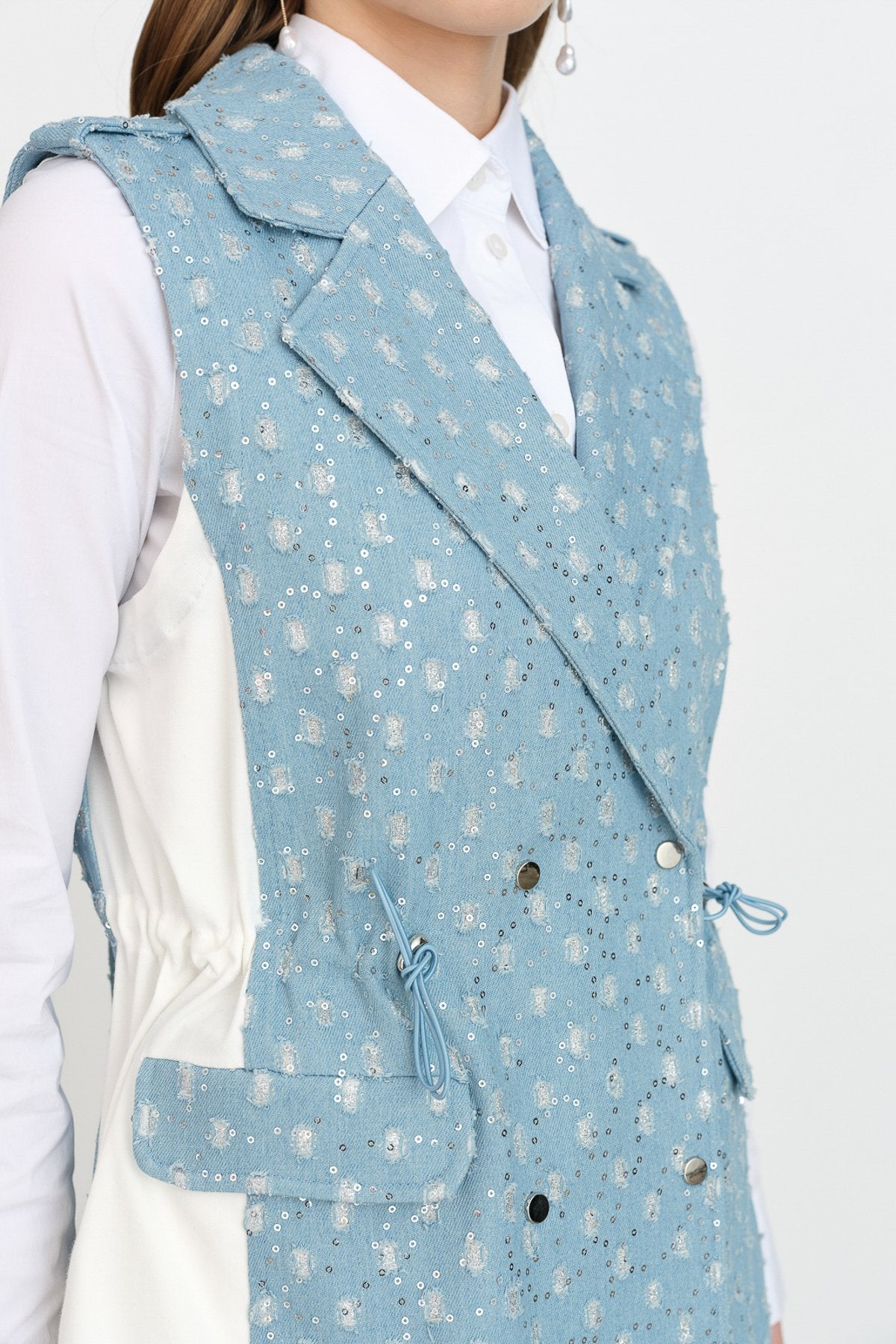 Glittery Denim Vest with Gathered Waist - Ice
