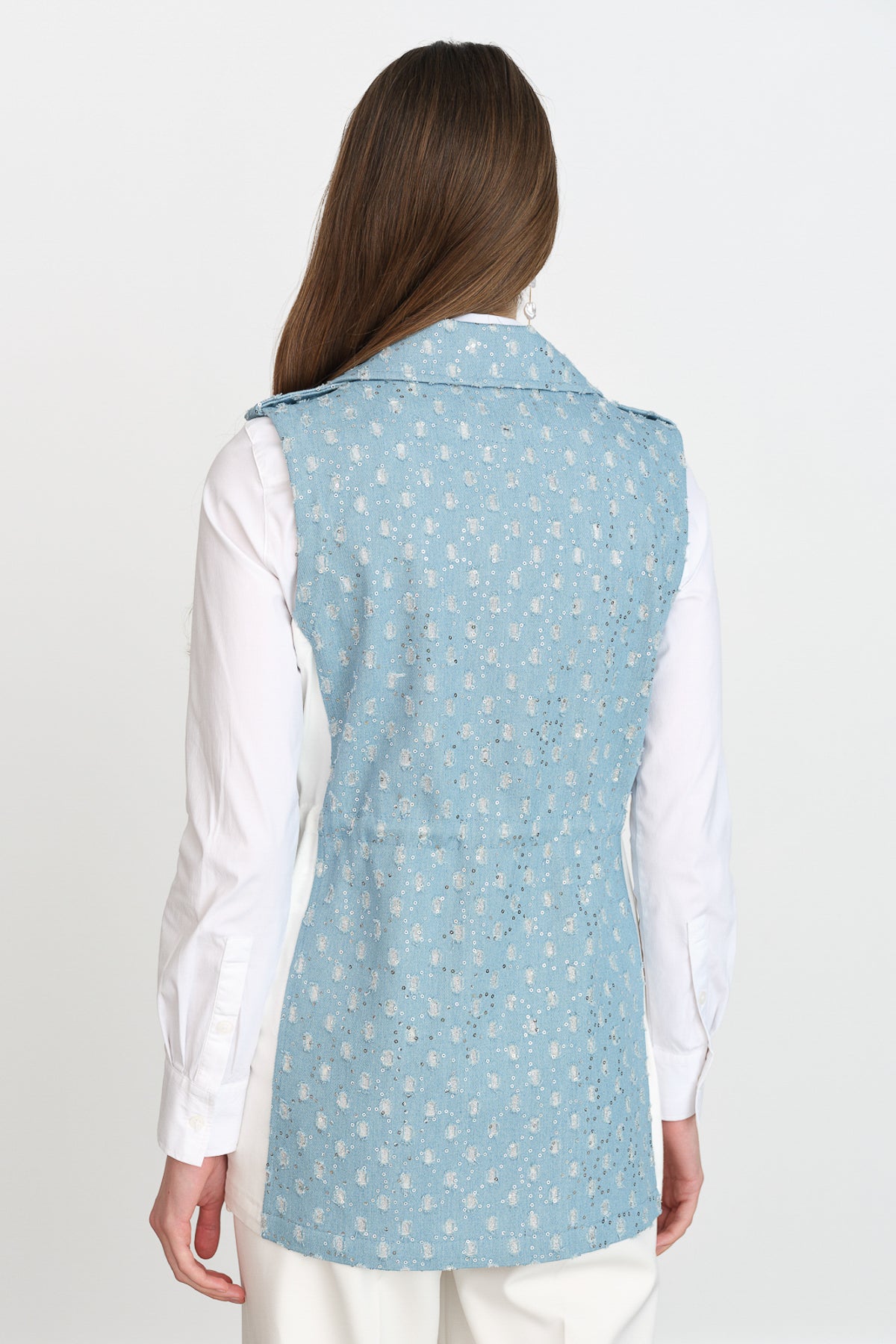 Glittery Denim Vest with Gathered Waist - Ice