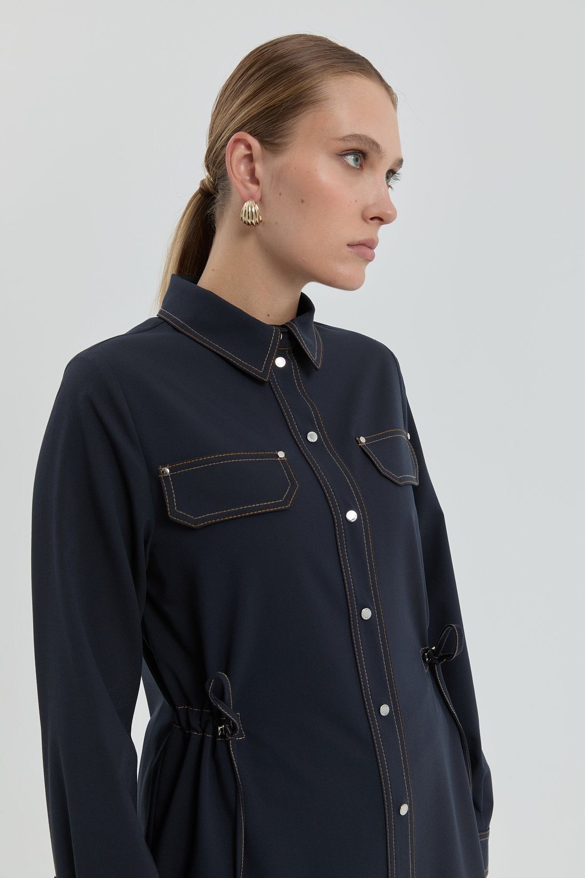 Tunic with Gathered Waist and Decorative Pockets - Navy Blue
