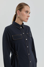 Tunic with Gathered Waist and Decorative Pockets - Navy Blue