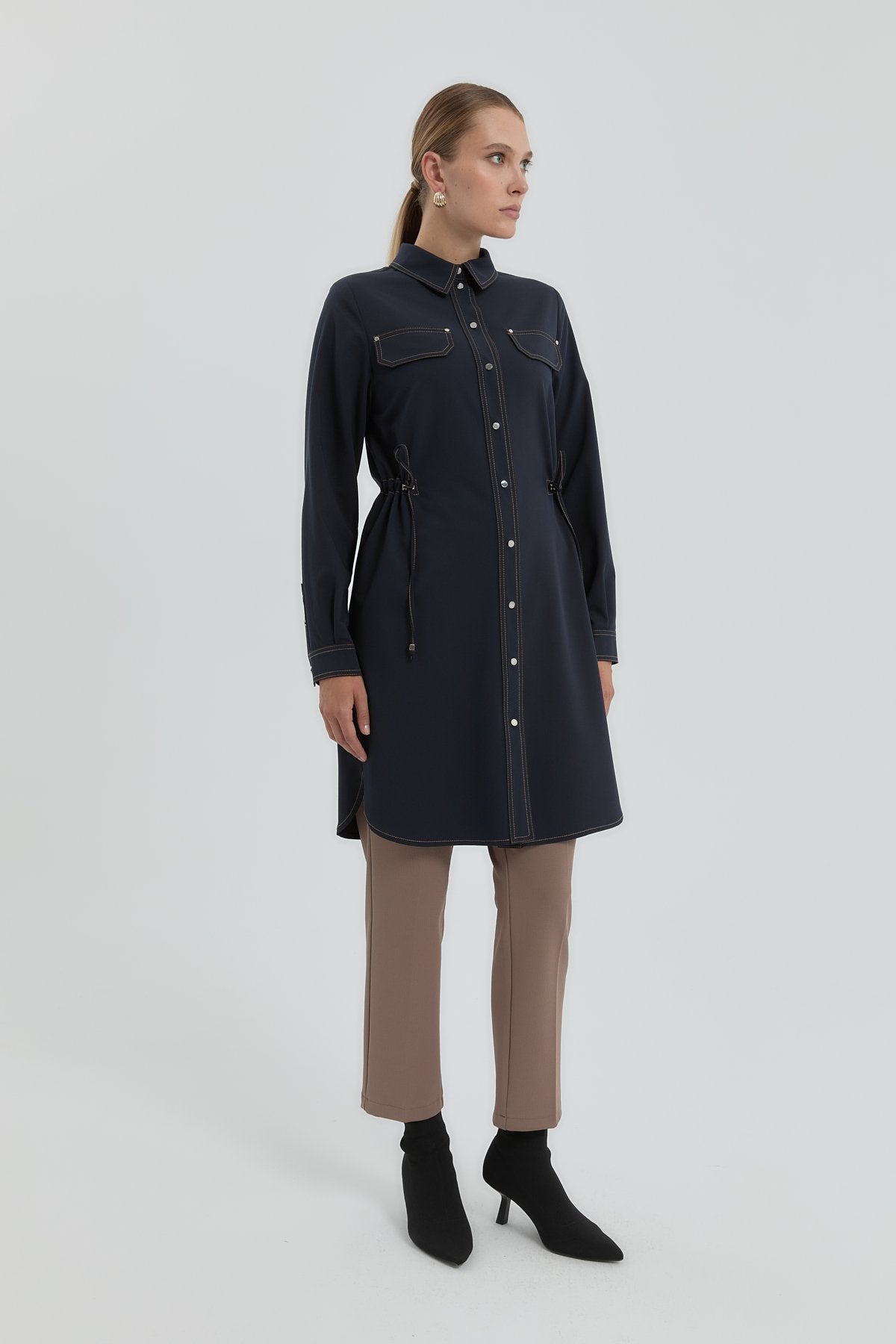 Tunic with Gathered Waist and Decorative Pockets - Navy Blue