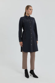 Tunic with Gathered Waist and Decorative Pockets - Navy Blue