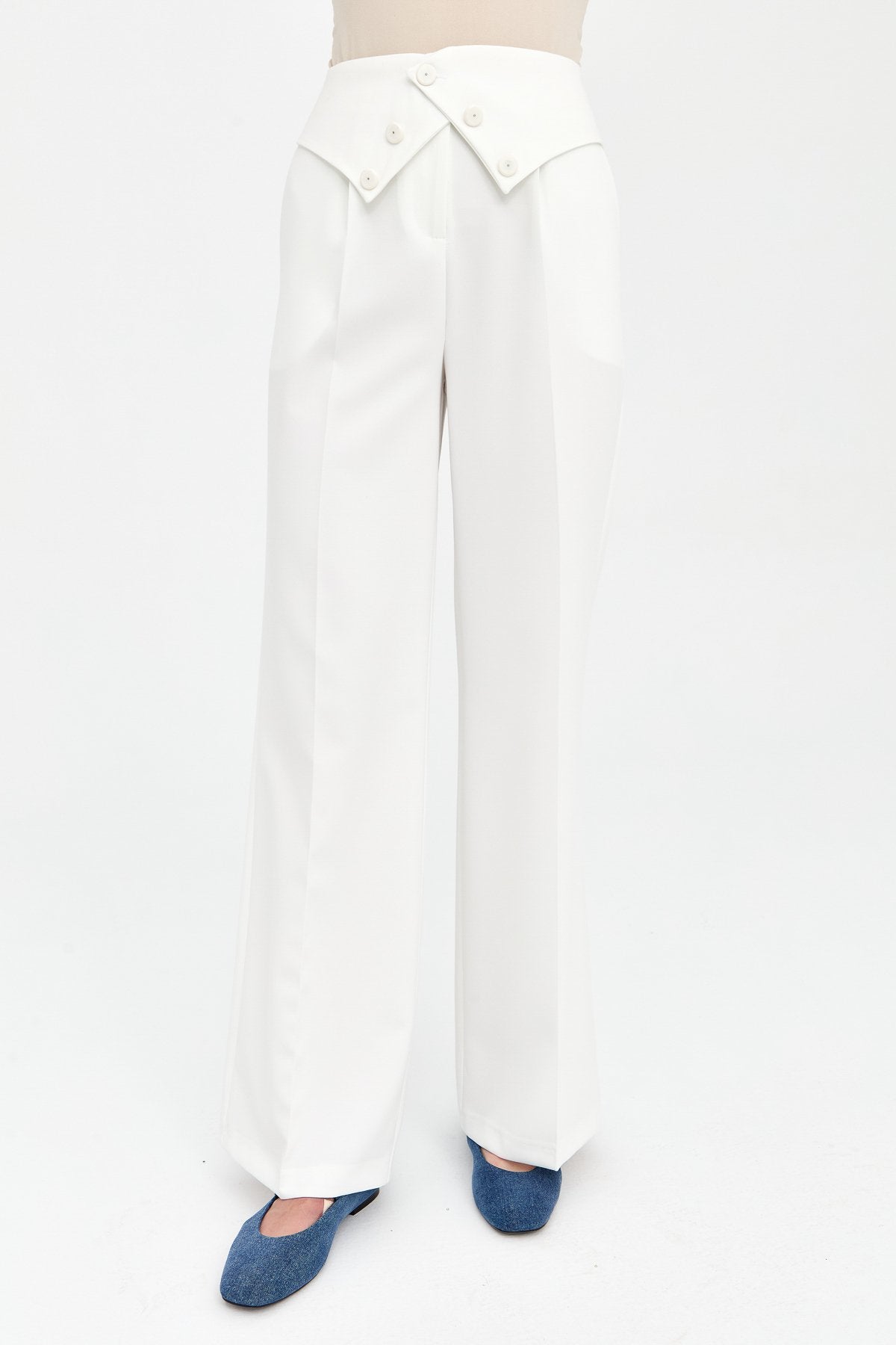 Button-Waisted Trousers with Ironing Marks - Ecru