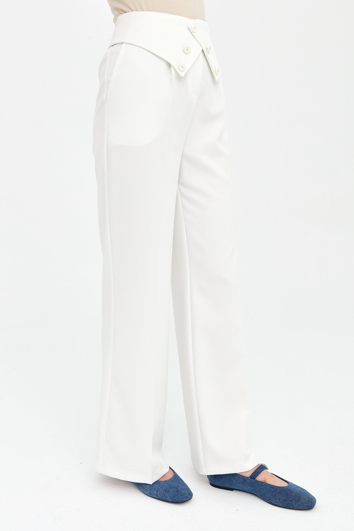 Button-Waisted Trousers with Ironing Marks - Ecru
