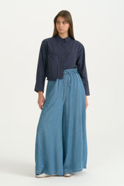 Ruffled Waist Lyocell Wide Leg Trousers - Ice