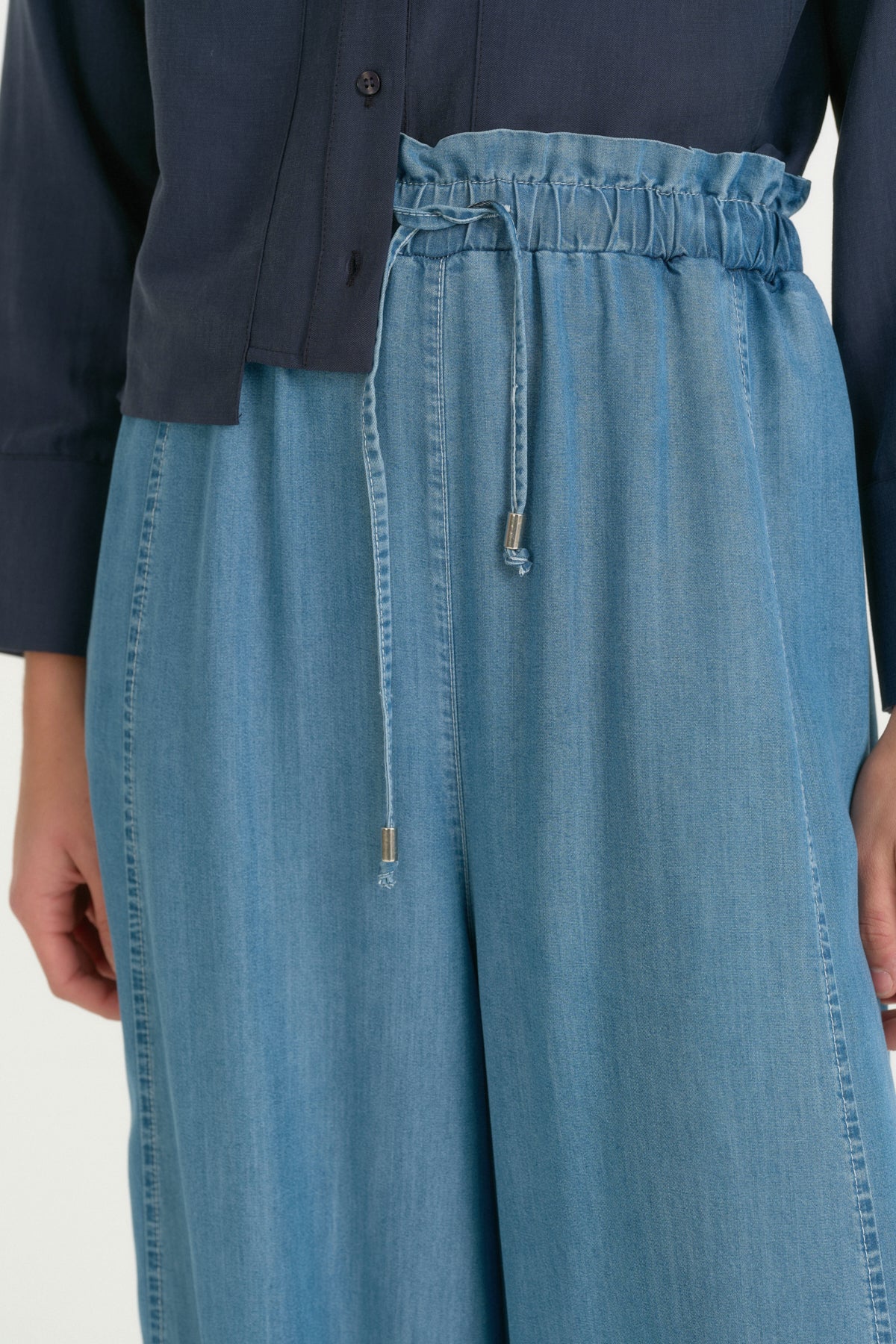 Ruffled Waist Lyocell Wide Leg Trousers - Ice