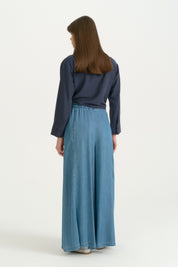 Ruffled Waist Lyocell Wide Leg Trousers - Ice