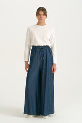 Ruffled Waist Lyocell Wide Leg Pants - Indigo