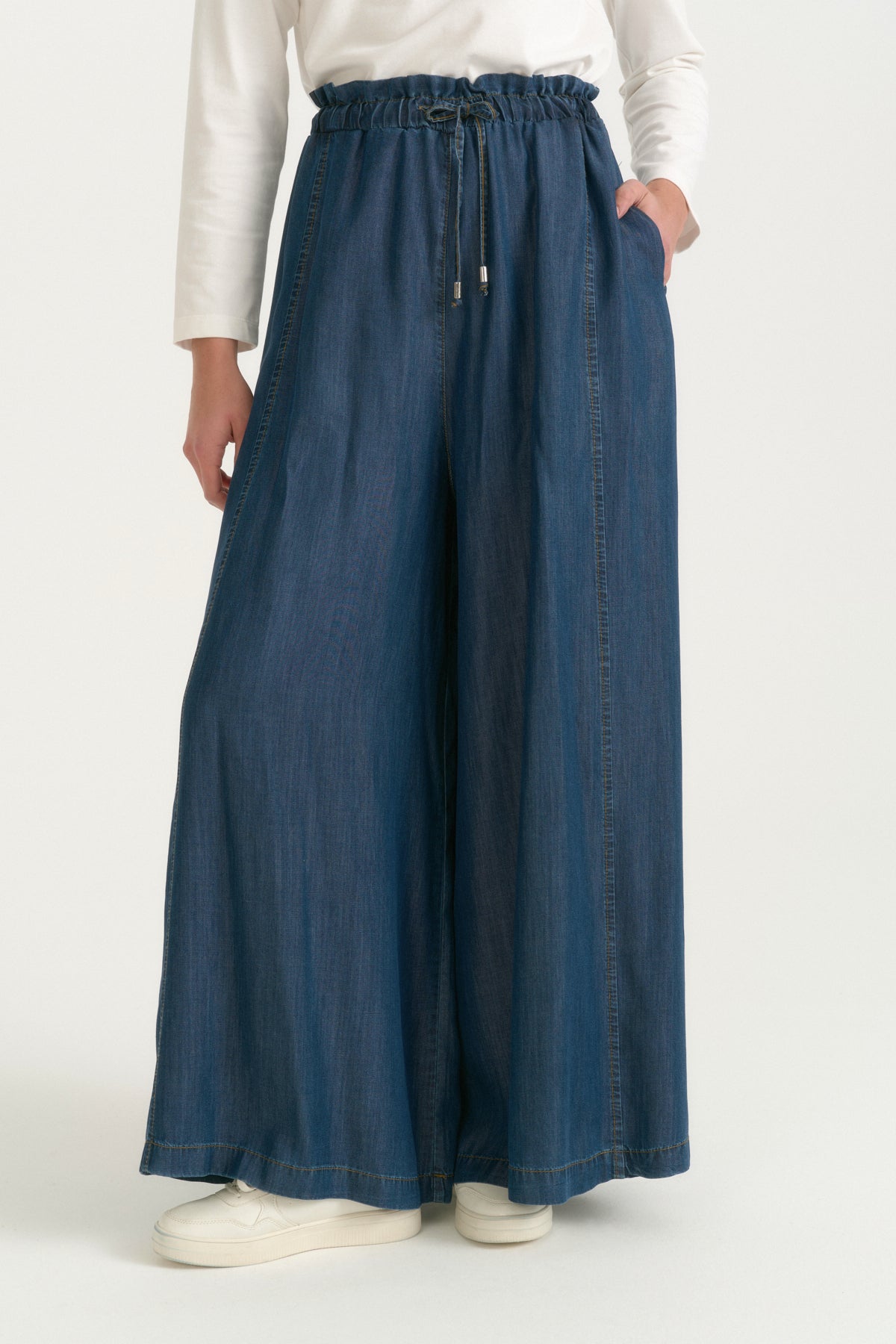 Ruffled Waist Lyocell Wide Leg Pants - Indigo