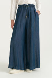 Ruffled Waist Lyocell Wide Leg Pants - Indigo