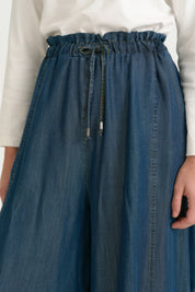 Ruffled Waist Lyocell Wide Leg Pants - Indigo