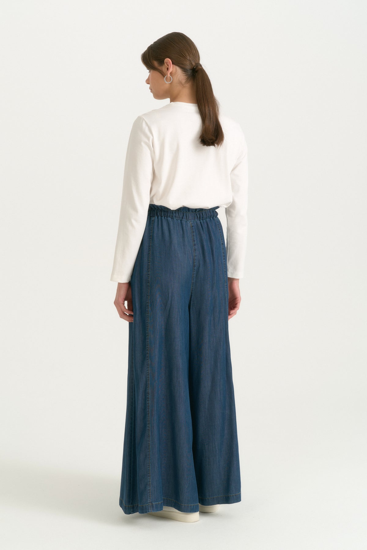 Ruffled Waist Lyocell Wide Leg Pants - Indigo