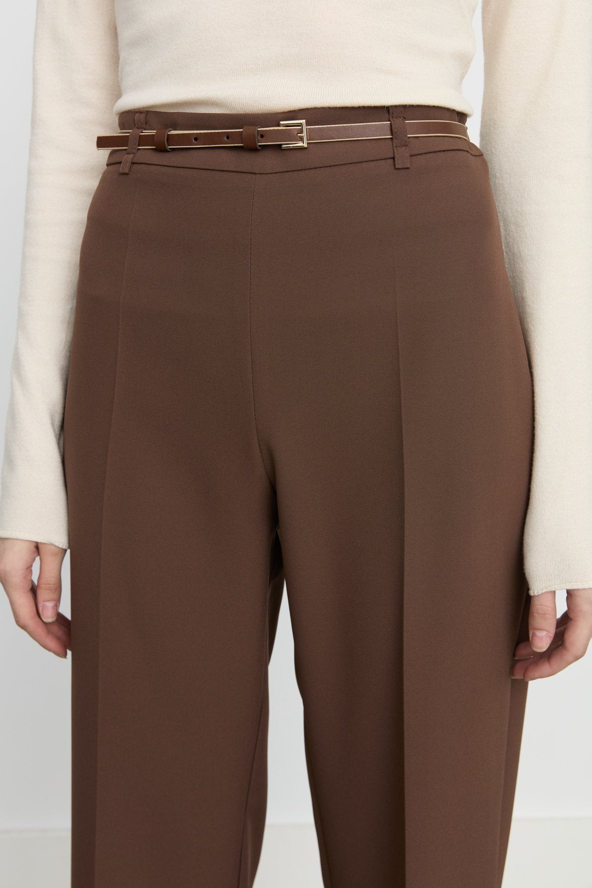 Slim Waist Belted Straight Leg Trousers - Brown
