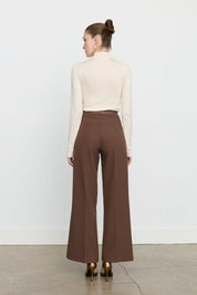 Slim Waist Belted Straight Leg Trousers - Brown