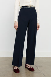 Straight-Leg Trousers with a Thin Belt - Navy Blue