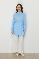 Asymmetrical Cotton Tunic with Belted Waist - Light Blue