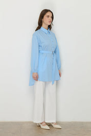 Asymmetrical Cotton Tunic with Belted Waist - Light Blue
