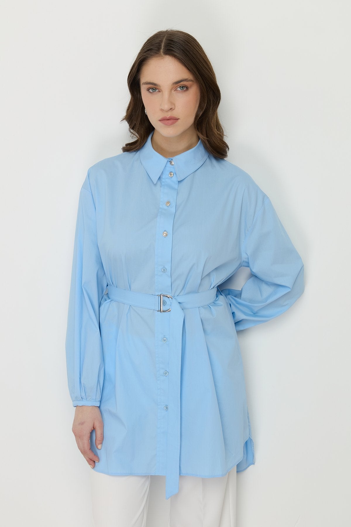 Asymmetrical Cotton Tunic with Belted Waist - Light Blue