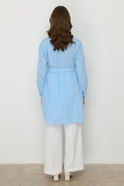 Asymmetrical Cotton Tunic with Belted Waist - Light Blue