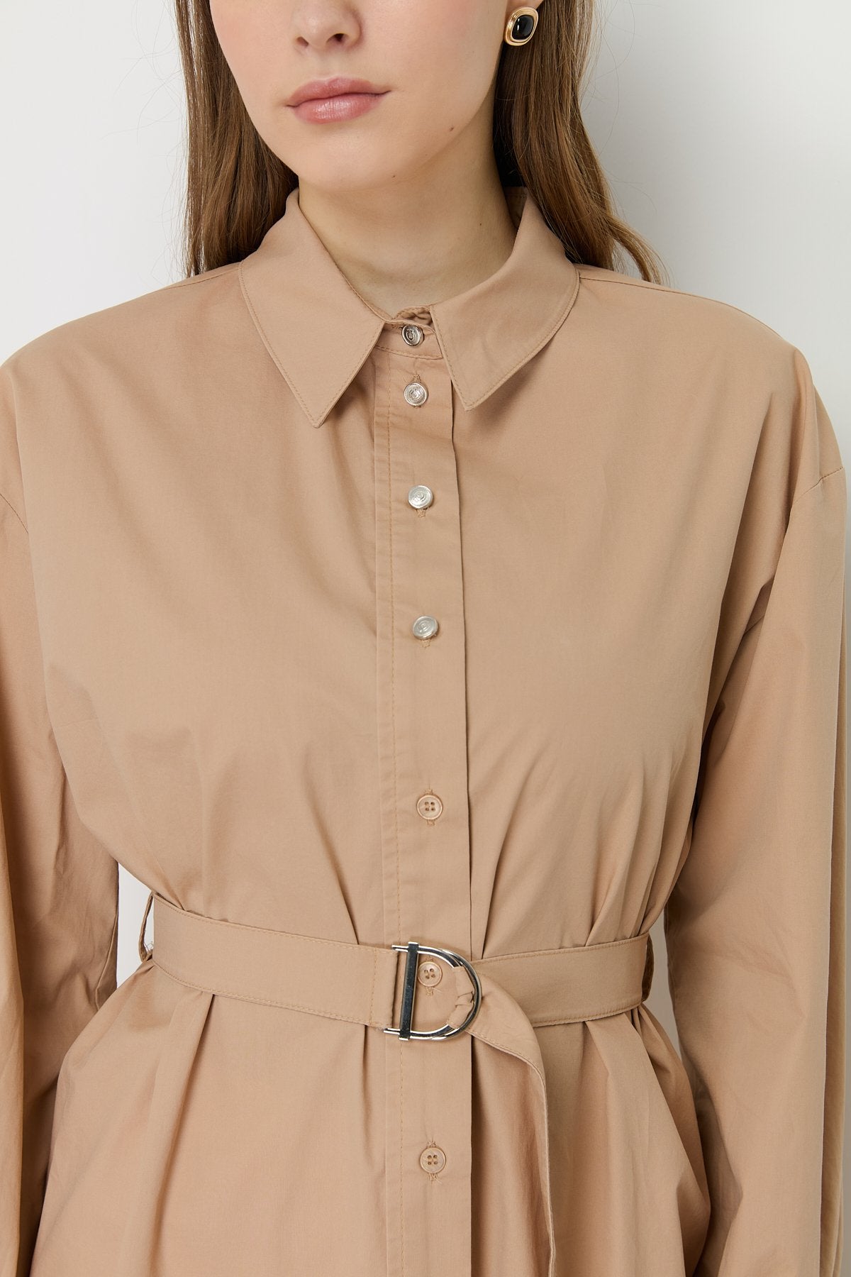 Beli Kemerli Asimetrik Pamuk Tunik - Camel