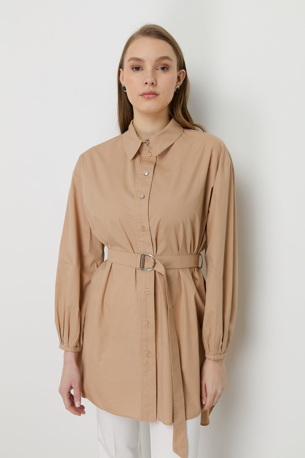Beli Kemerli Asimetrik Pamuk Tunik - Camel