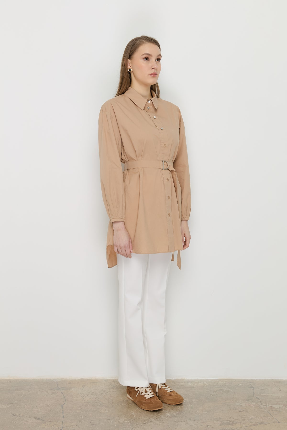 Beli Kemerli Asimetrik Pamuk Tunik - Camel