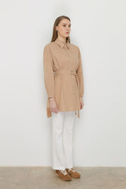 Beli Kemerli Asimetrik Pamuk Tunik - Camel
