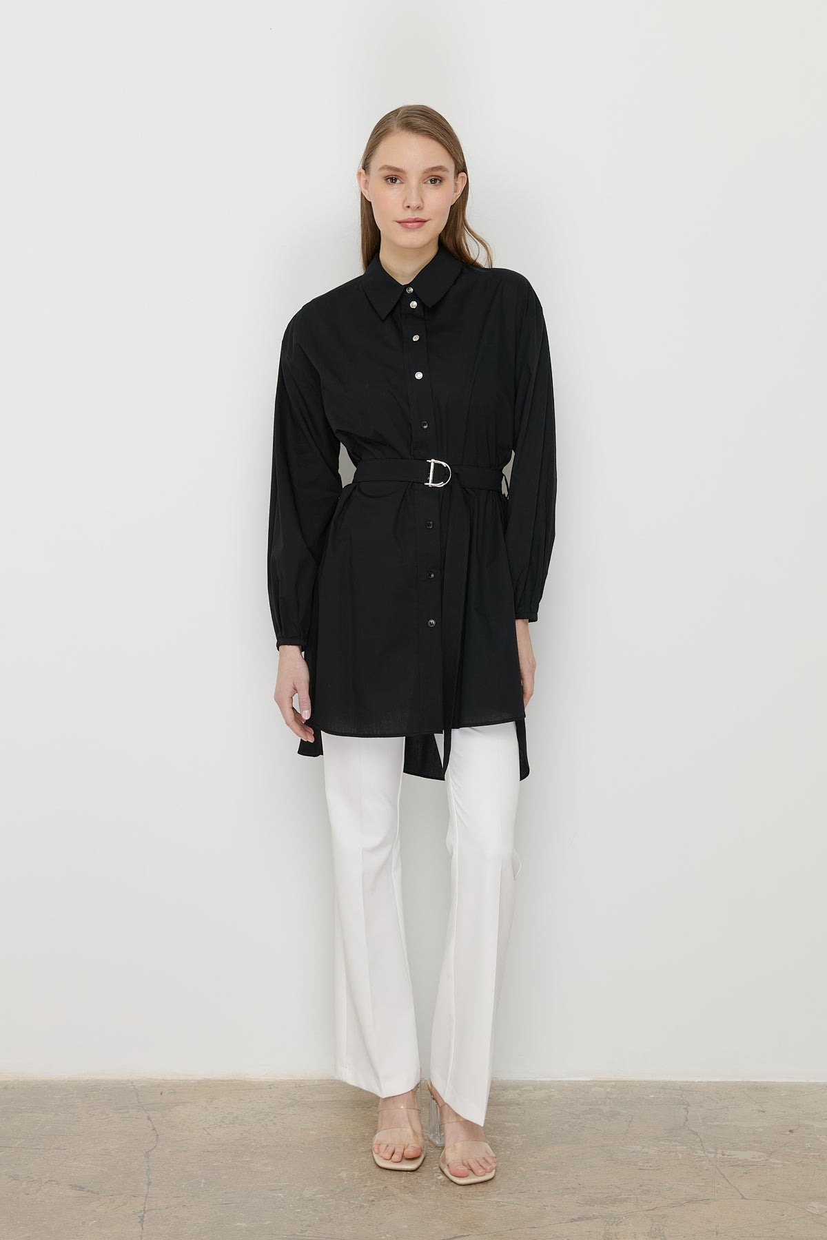 Asymmetric Cotton Tunic with Belt - Black