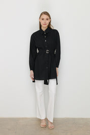 Asymmetric Cotton Tunic with Belt - Black