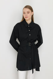 Asymmetric Cotton Tunic with Belt - Black